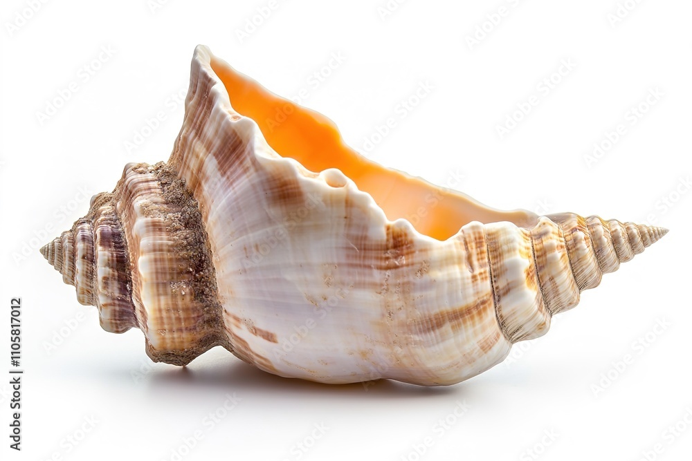 Spiral seashell with orange interior on white Spiral seashell with orange interior on white