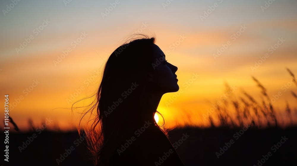 A silhouetted woman gazes at a vibrant sunset, surrounded by tall grass, evoking a sense of tranquility and reflection. A silhouetted woman gazes at a vibrant sunset, surrounded by tall grass, evoking a sense of tranquility and reflection.