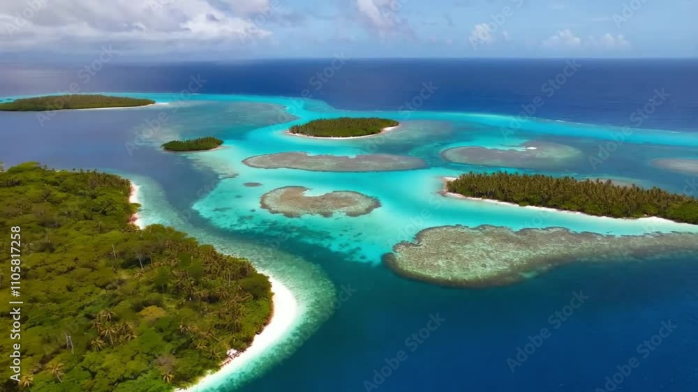Drone aerial video of Rangiroa coral reef atoll island motu in French Polynesia, Tahiti. Amazing nature landscape with blue lagoon and Pacific Ocean. Tropical travel paradise in Tuamotus Islands Drone aerial video of Rangiroa coral reef atoll island motu in French Polynesia, Tahiti. Amazing nature landscape with blue lagoon and Pacific Ocean. Tropical travel paradise in Tuamotus Islands