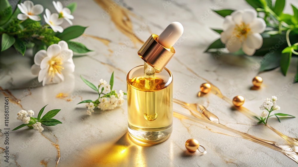 A glass bottle with golden moisturizing oil on a marble surface with drops of oil around it. The composition also includes white flowers, green leaves and soft sunlight A glass bottle with golden moisturizing oil on a marble surface with drops of oil around it. The composition also includes white flowers, green leaves and soft sunlight