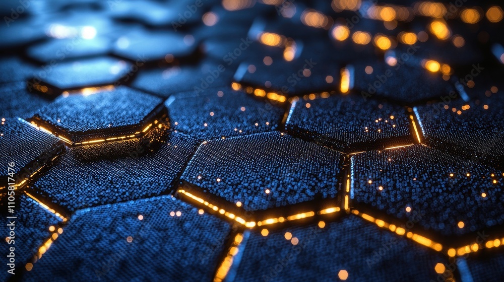 Abstract hexagonal pattern with glowing lights on a textured surface Abstract hexagonal pattern with glowing lights on a textured surface