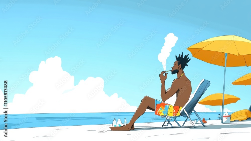 A colorful man sitting on the beach, smoking a joint while wearing bright, patterned swim trunks, surrounded by beach towels and umbrellas, illustrated in 70's animation style with flat colors A colorful man sitting on the beach, smoking a joint while wearing bright, patterned swim trunks, surrounded by beach towels and umbrellas, illustrated in 70's animation style with flat colors