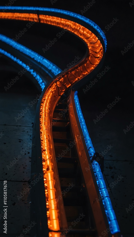 Naklejka premium Conveyor belt with curving orange and blue lights.