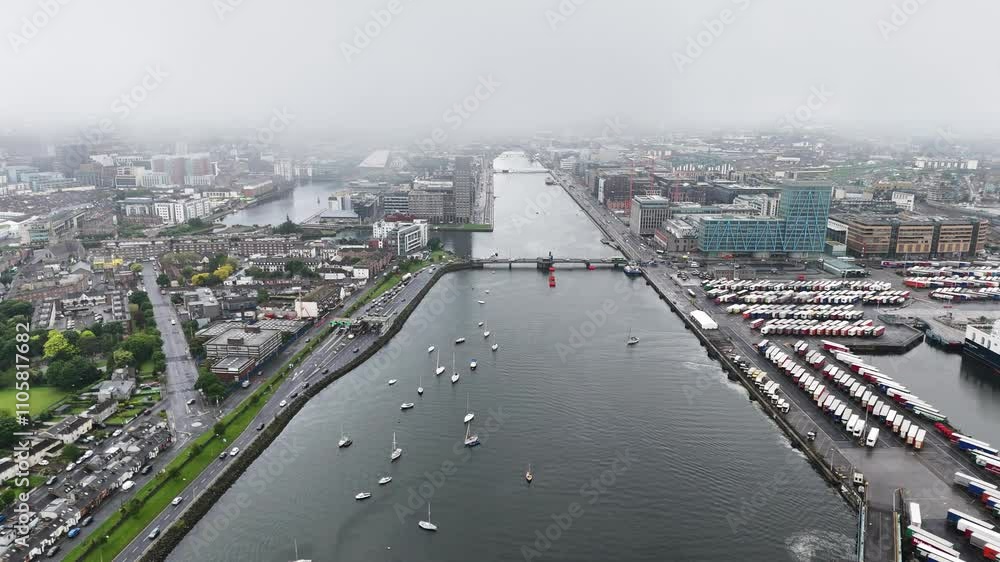 Bird's-eye view of the Liffey River in Dublin, Ireland Bird's-eye view of the Liffey River in Dublin, Ireland
