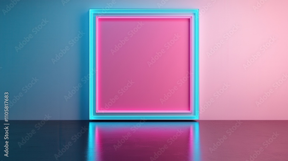 Abstract Neon Frame on Colorful Wall with Reflection for Modern Artwork Display Abstract Neon Frame on Colorful Wall with Reflection for Modern Artwork Display