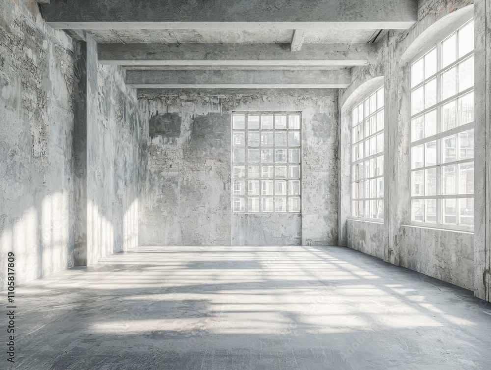 A bright, abandoned room featuring textured walls, large windows, and soft light creating a serene, industrial atmosphere.