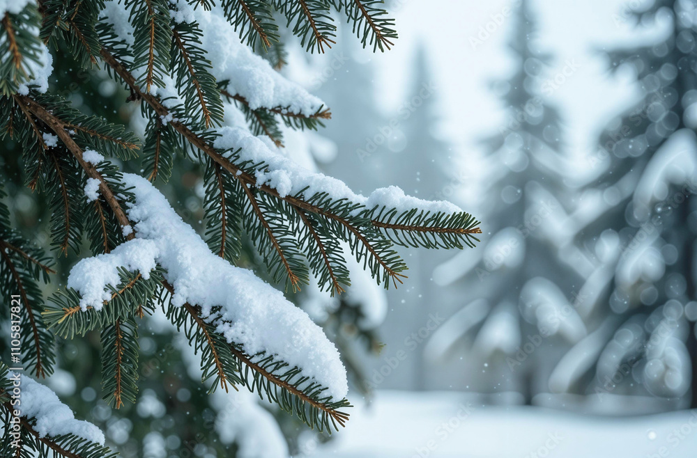 Snowy pine tree branches against a misty winter forest, capturing the calm and beauty of the season. Great for outdoor adventure promotions or postcards. Selective focus Snowy pine tree branches against a misty winter forest, capturing the calm and beauty of the season. Great for outdoor adventure promotions or postcards. Selective focus
