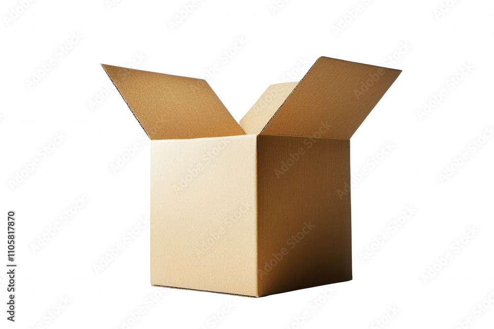 A clean, transparent cardboard box sits upright with its flaps opened wide, designed for storage and shipping purposes. The box is empty, emphasizing its spacious interior and potential for containing A clean, transparent cardboard box sits upright with its flaps opened wide, designed for storage and shipping purposes. The box is empty, emphasizing its spacious interior and potential for containing