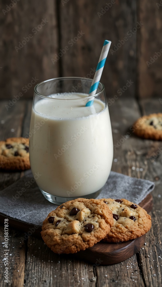 Cookies and milk on a grey wooden surface. Cookies and milk on a grey wooden surface.