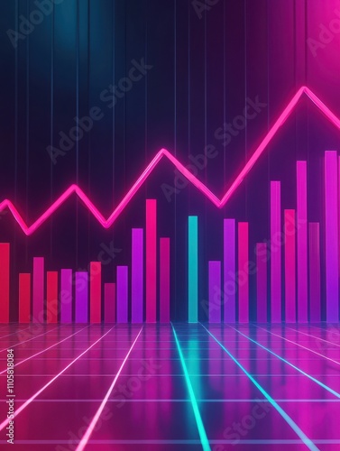 A vibrant digital representation of a data visualization, featuring colorful bars and lines against a futuristic grid background.