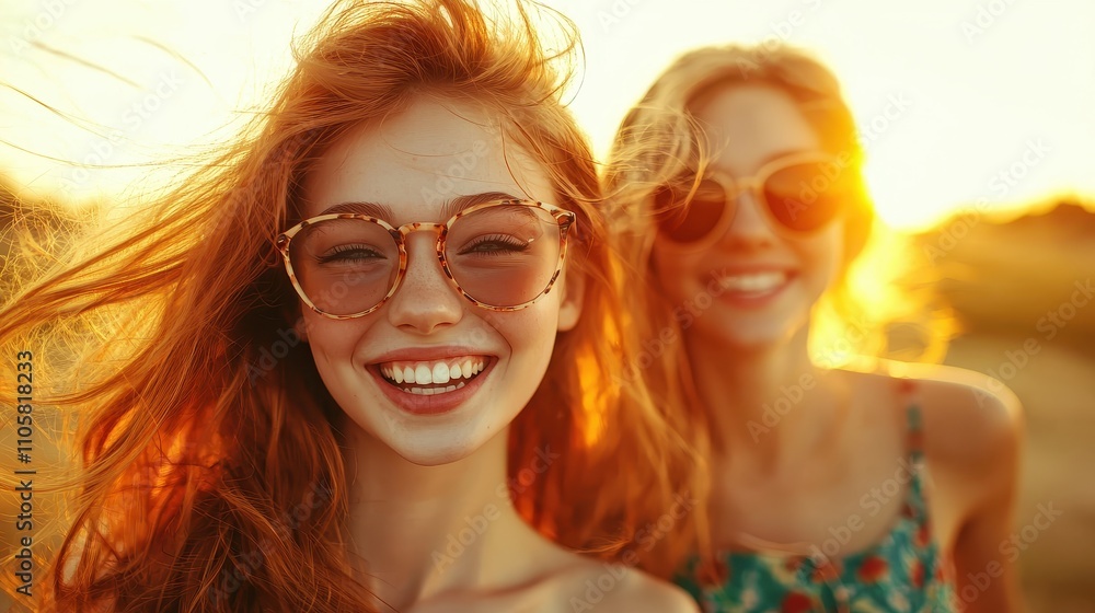 Close-up of beautiful girls dancing with joy, their hair flowing in the wind, illuminated by warm sunset light, Realism, Photography, Golden Hour ,closes up Close-up of beautiful girls dancing with joy, their hair flowing in the wind, illuminated by warm sunset light, Realism, Photography, Golden Hour ,closes up
