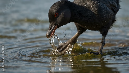 Coot shaking off water on the shore.