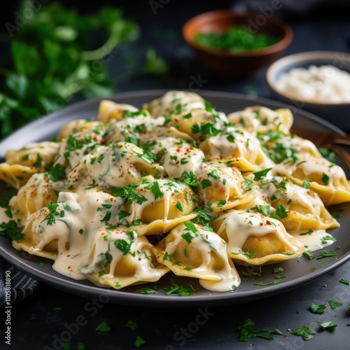 Delicious Creamy Tortellini Pasta Dish with Parsley and Cheese photo