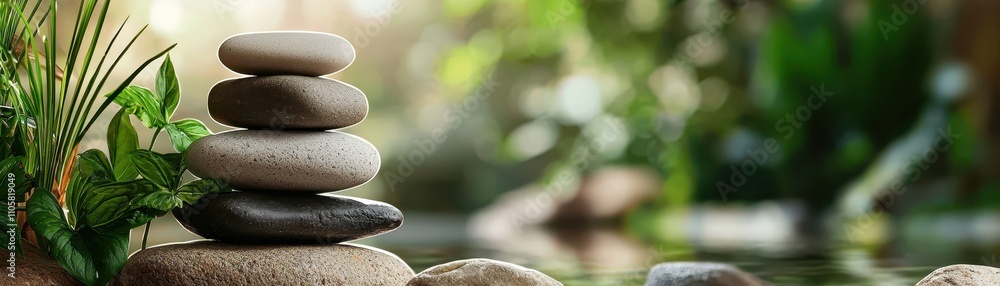 A serene stack of smooth stones beside tranquil water, surrounded by lush greenery, evoking a sense of peace and harmony in nature. A serene stack of smooth stones beside tranquil water, surrounded by lush greenery, evoking a sense of peace and harmony in nature.