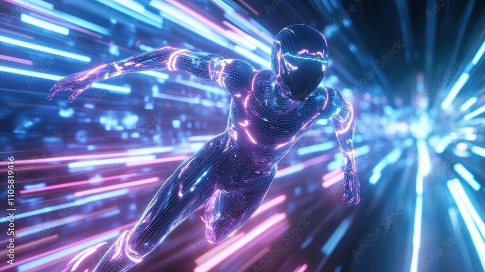 Fototapeta premium Futuristic digital avatar accelerating forward swiftly