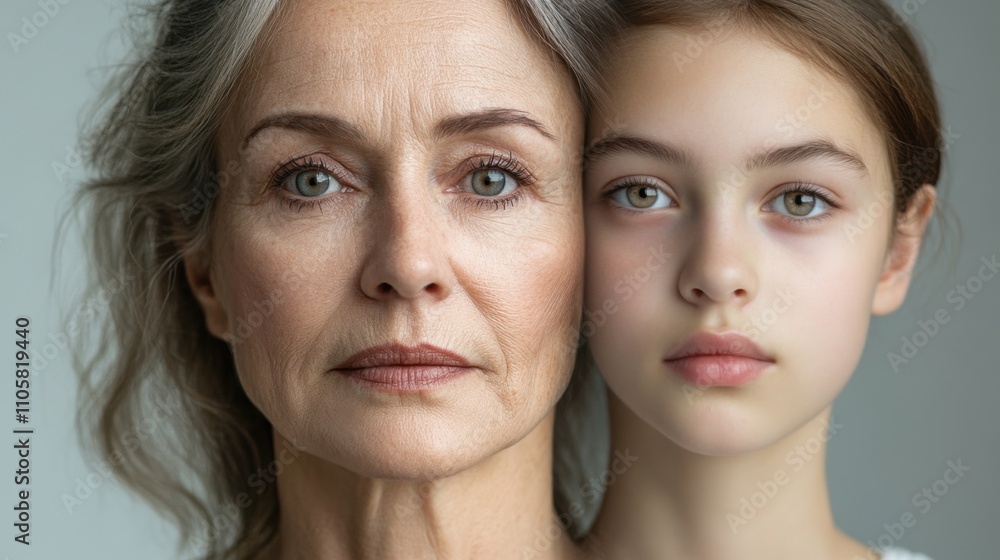A striking portrait featuring the serene faces of an older woman and a younger girl, highlighting the beauty of age and youth together. A striking portrait featuring the serene faces of an older woman and a younger girl, highlighting the beauty of age and youth together.