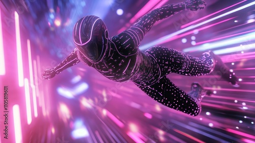 Dazzling descent of cyber figure in neon vortex