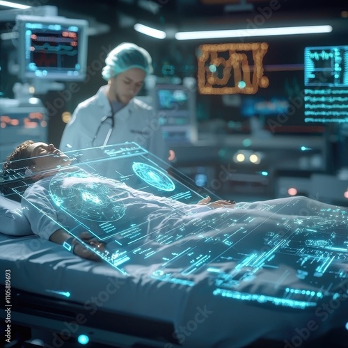 Futuristic doctor in a cyberpunk hospital, diagnosing a patient with glowing digital holograms, Cyberpunk, Neon, 3D Render photo