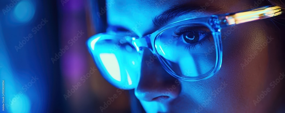 A close-up shot of a person wearing glasses, illuminated by vibrant blue light, focusing intently, highlighting the interplay of technology and human expression. A close-up shot of a person wearing glasses, illuminated by vibrant blue light, focusing intently, highlighting the interplay of technology and human expression.
