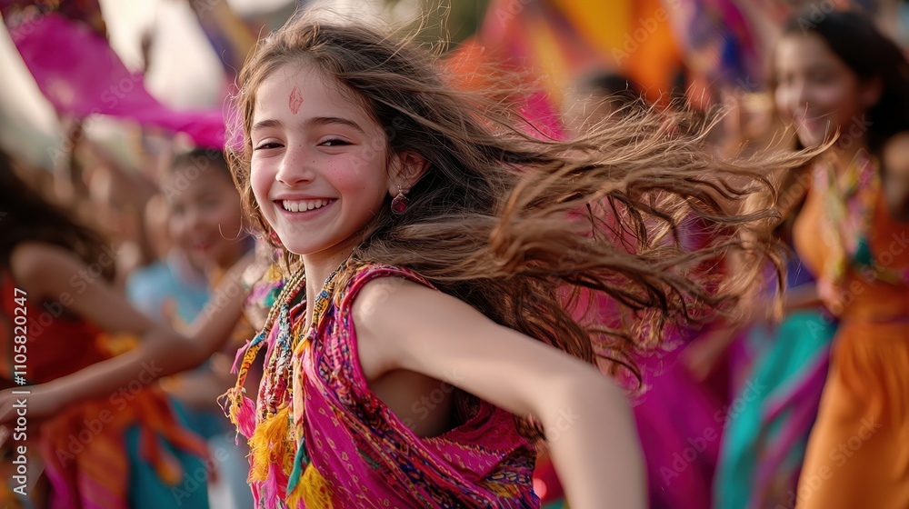 Fototapeta premium Close-up of girls dancing at a vibrant festival, with bright colors and energy captured in every movement, Realism, Photography, Colorful