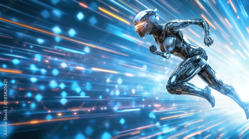 Cybernetic figure running through pixelated environment