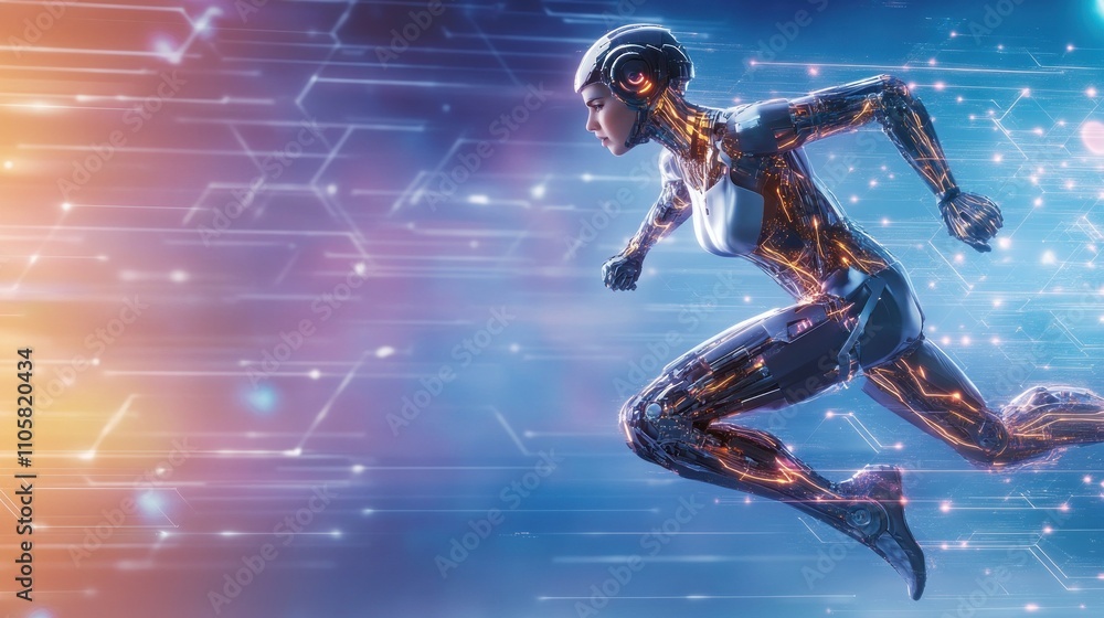 Advanced humanoid robot leaping through digital space Advanced humanoid robot leaping through digital space
