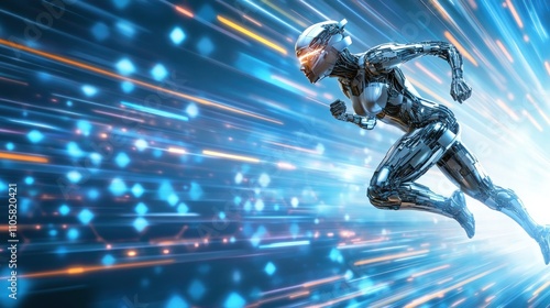 Cybernetic figure running through pixelated environment