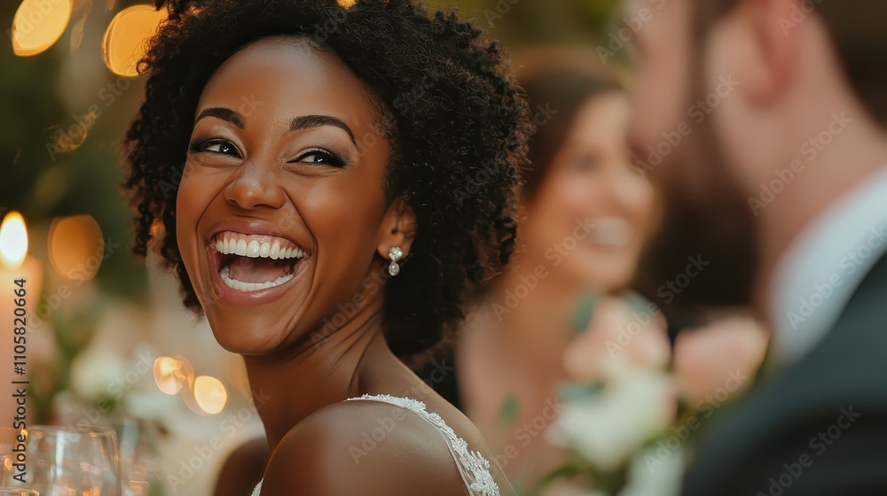 A joyful woman with curly hair laughs heartily at a wedding reception, surrounded by friends and warm, ambient lighting. A joyful woman with curly hair laughs heartily at a wedding reception, surrounded by friends and warm, ambient lighting.