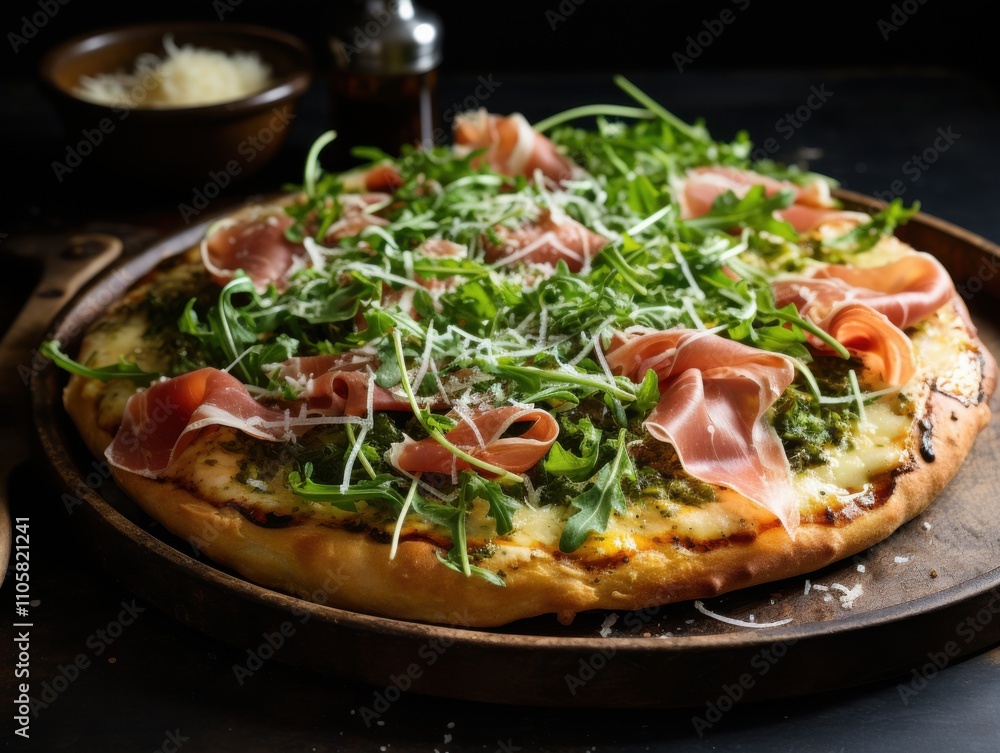 Delicious Prosciutto Pizza with Arugula, Gourmet Italian Meal Delicious Prosciutto Pizza with Arugula, Gourmet Italian Meal
