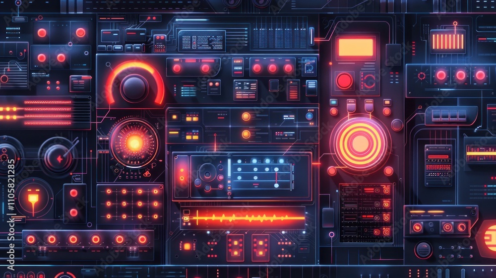 Futuristic control panel with glowing buttons and dials. Futuristic control panel with glowing buttons and dials.
