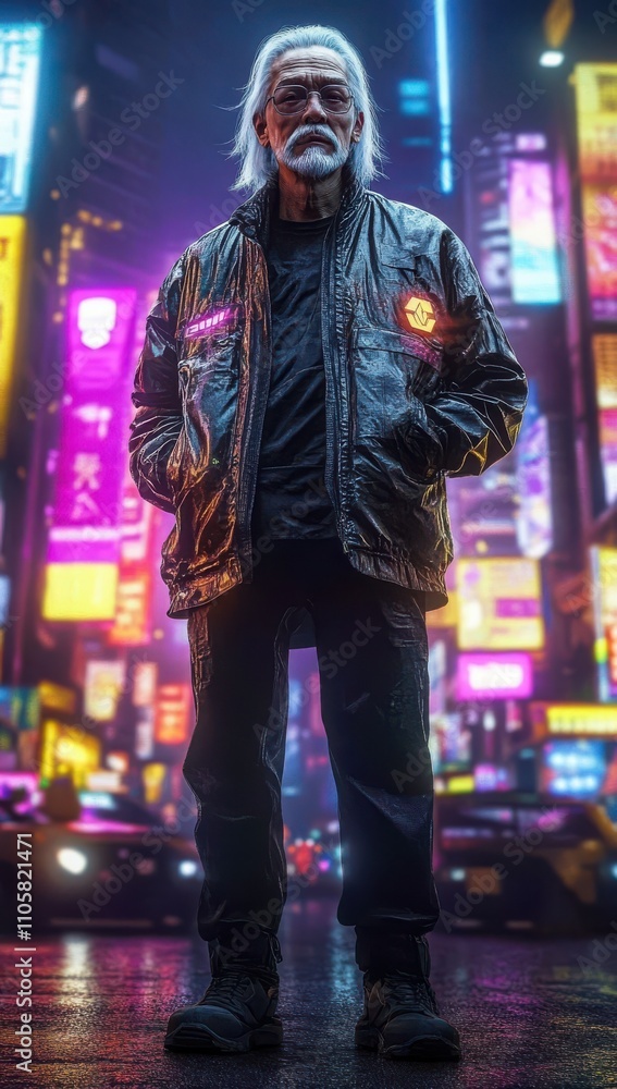 Fototapeta premium A futuristic cityscape featuring a senior man.