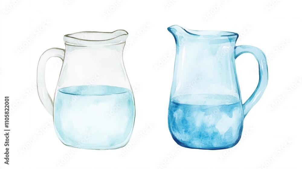 Two watercolor pitchers with clear and blue tones, filled with water, showcasing a simple, artistic representation of glassware. Two watercolor pitchers with clear and blue tones, filled with water, showcasing a simple, artistic representation of glassware.