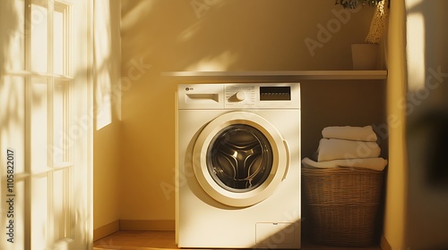 White Washing Machine In Sunlit Laundry Room photo