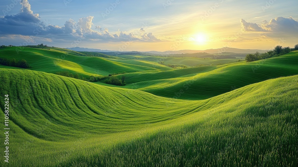 A dreamy landscape of rolling hills during sunset, with a gentle breeze creating ripples in the grass A dreamy landscape of rolling hills during sunset, with a gentle breeze creating ripples in the grass