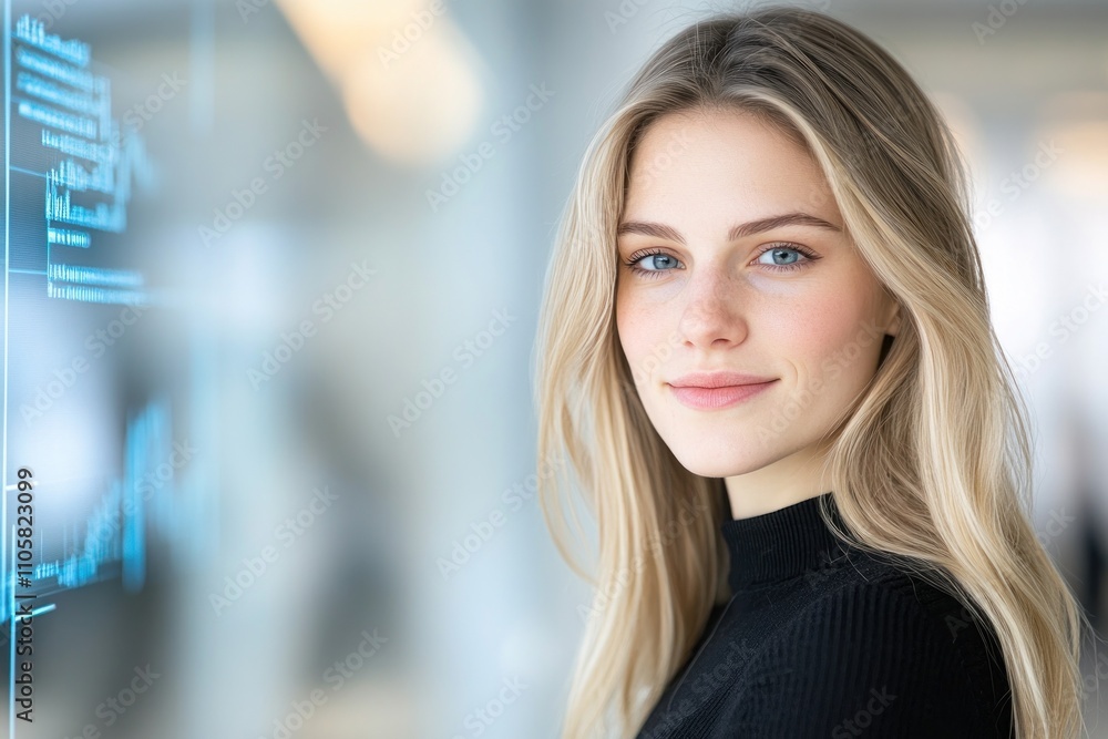 Smiling woman in modern office with digital elements Smiling woman in modern office with digital elements