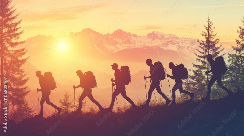 Hikers Enjoying Sunrise on a Scenic Mountain Trail Hikers Enjoying Sunrise on a Scenic Mountain Trail