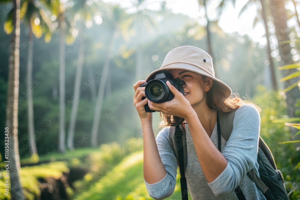 A woman dressed in casual clothing and a hat is taking pictures in a lush tropical rainforest. Sunlight filters through palm trees, illuminating her as she focuses on the beautiful scenery around her, A woman dressed in casual clothing and a hat is taking pictures in a lush tropical rainforest. Sunlight filters through palm trees, illuminating her as she focuses on the beautiful scenery around her,