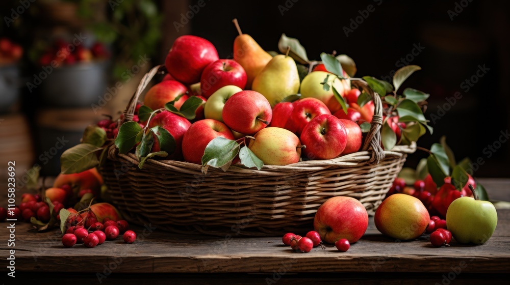 Autumn Harvest Apples, Pears, and Blackberries in Rustic Basket Autumn Harvest Apples, Pears, and Blackberries in Rustic Basket