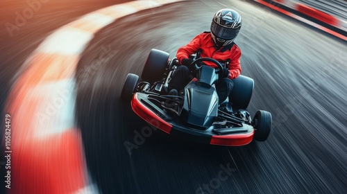 Dynamic shot of go-kart racer in red suit navigating a curve at high speed, creating dramatic motion blur effect that captures the intensity of motorsport action