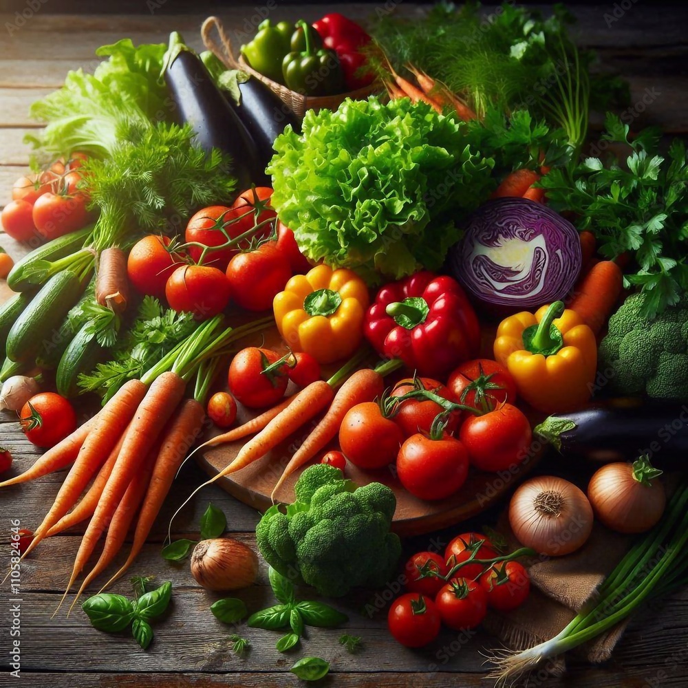 Vibrant Farm-Fresh Vegetables on a Rustic Wooden Table Vibrant Farm-Fresh Vegetables on a Rustic Wooden Table