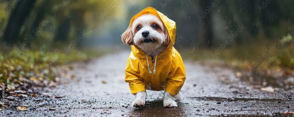 A small dog in a bright yellow raincoat sits on a wet path surrounded by greenery, looking cute and ready for an adventure in the rain. A small dog in a bright yellow raincoat sits on a wet path surrounded by greenery, looking cute and ready for an adventure in the rain.