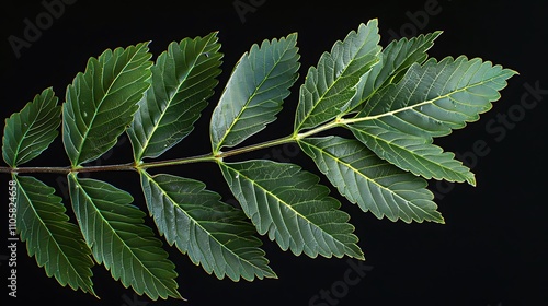 The compound leaves of an ash tree, with multiple leaflets arranged along a central stem, each with a serrated edge