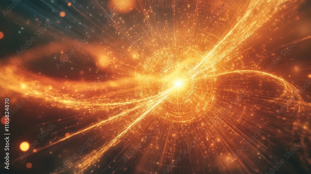 Naklejka premium A dynamic visualization of bosons as radiant, moving particles amidst intricate fields of energy and forces