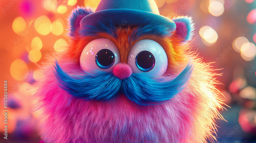 Obraz premium This colorful furry character features large eyes and a charming mustache, set against a vibrant background. Perfect for adding fun and joy to any project