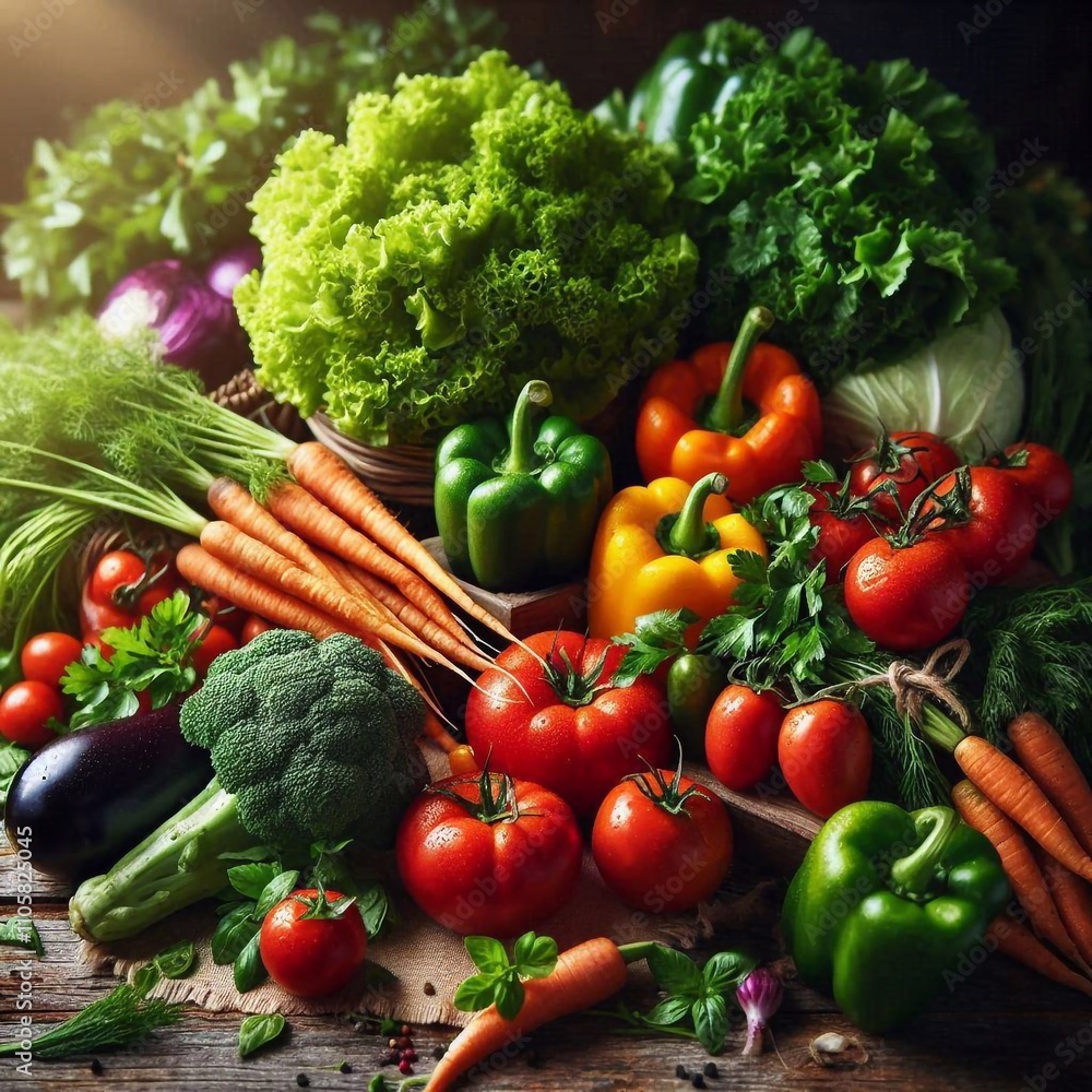 Vibrant Farm-Fresh Vegetables on a Rustic Wooden Table Vibrant Farm-Fresh Vegetables on a Rustic Wooden Table