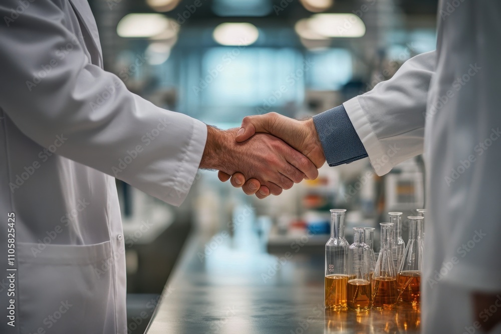 Professional Collaboration in a Laboratory Setting: Scientists Shaking Hands with Laboratory Glassware in the Background, Symbolizing Partnership and Innovation Professional Collaboration in a Laboratory Setting: Scientists Shaking Hands with Laboratory Glassware in the Background, Symbolizing Partnership and Innovation