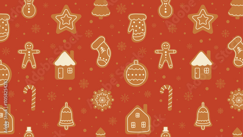 Horizontal Banner Seamless pattern with Christmas biscuits in flat cartoon style. Christmas sweets Gingerbread Man, House, Sock. Vector