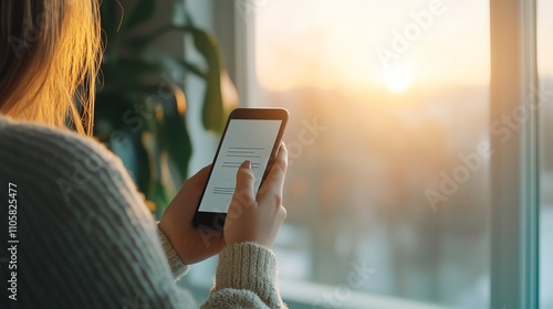 Person holding a phone with loan approval email displayed, cozy office, soft afternoon light, handfocused shot, clean modern design photo