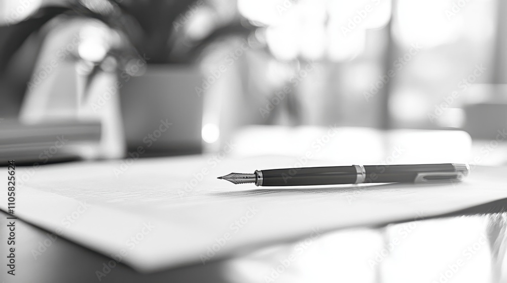 A focused POV of a document signing moment, emphasizing the flowing pen and clean white paper in a bright office environment A focused POV of a document signing moment, emphasizing the flowing pen and clean white paper in a bright office environment