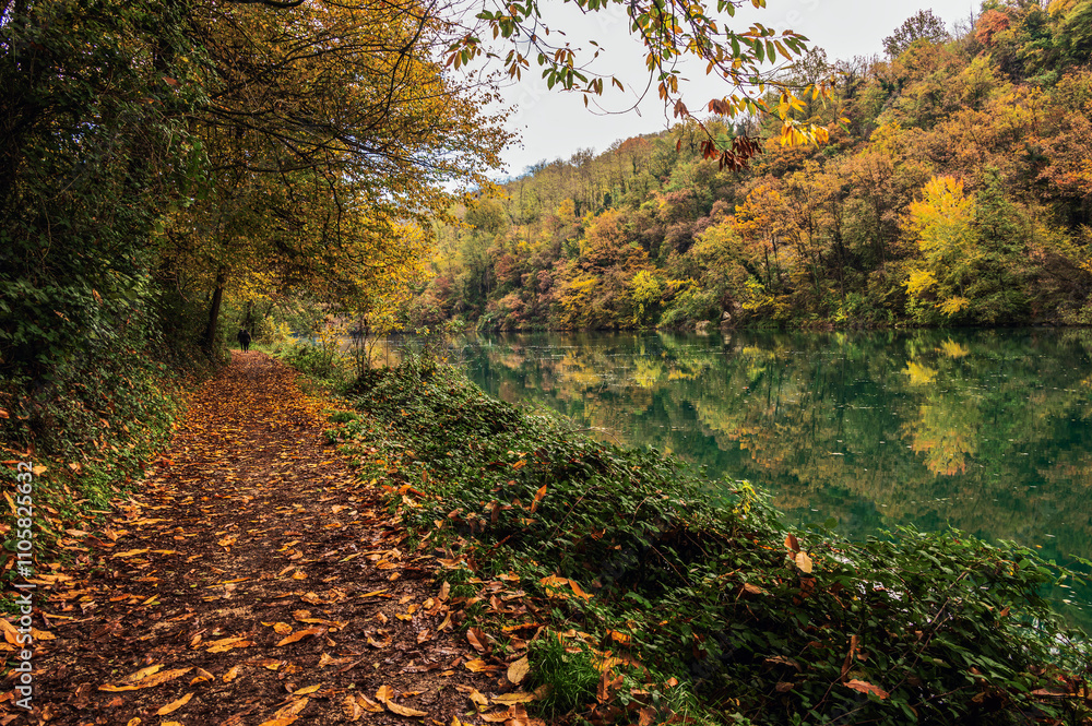 Fototapeta premium adda river during the autumnal season, lecco